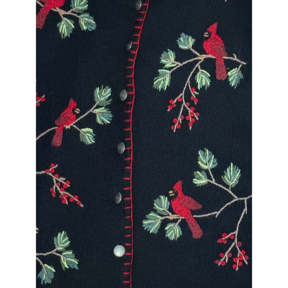 Coldwater Creek Cardinal Embroidered Sweater Women's Large Black Ramie Cotton - Picture 2 of 12